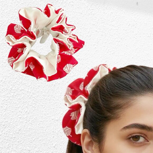 Handmade Accessories - Handmade Red & Cream Scrunchie Hair Tie Ruffled Elastic Ponytail Holder